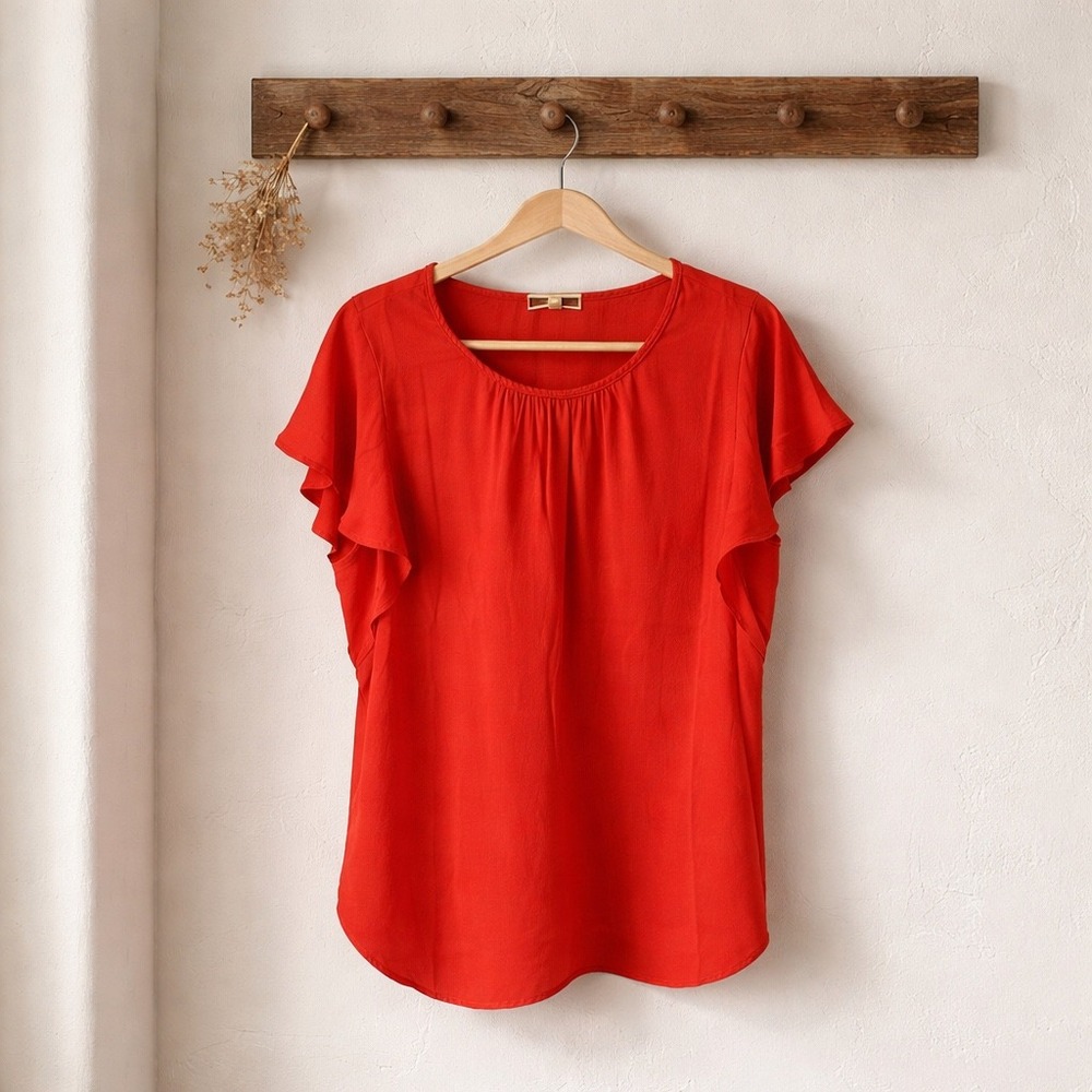 Pleione Flutter‎ Sleeve Blouse Women Medium Coral Red Excellent Pleated Neck